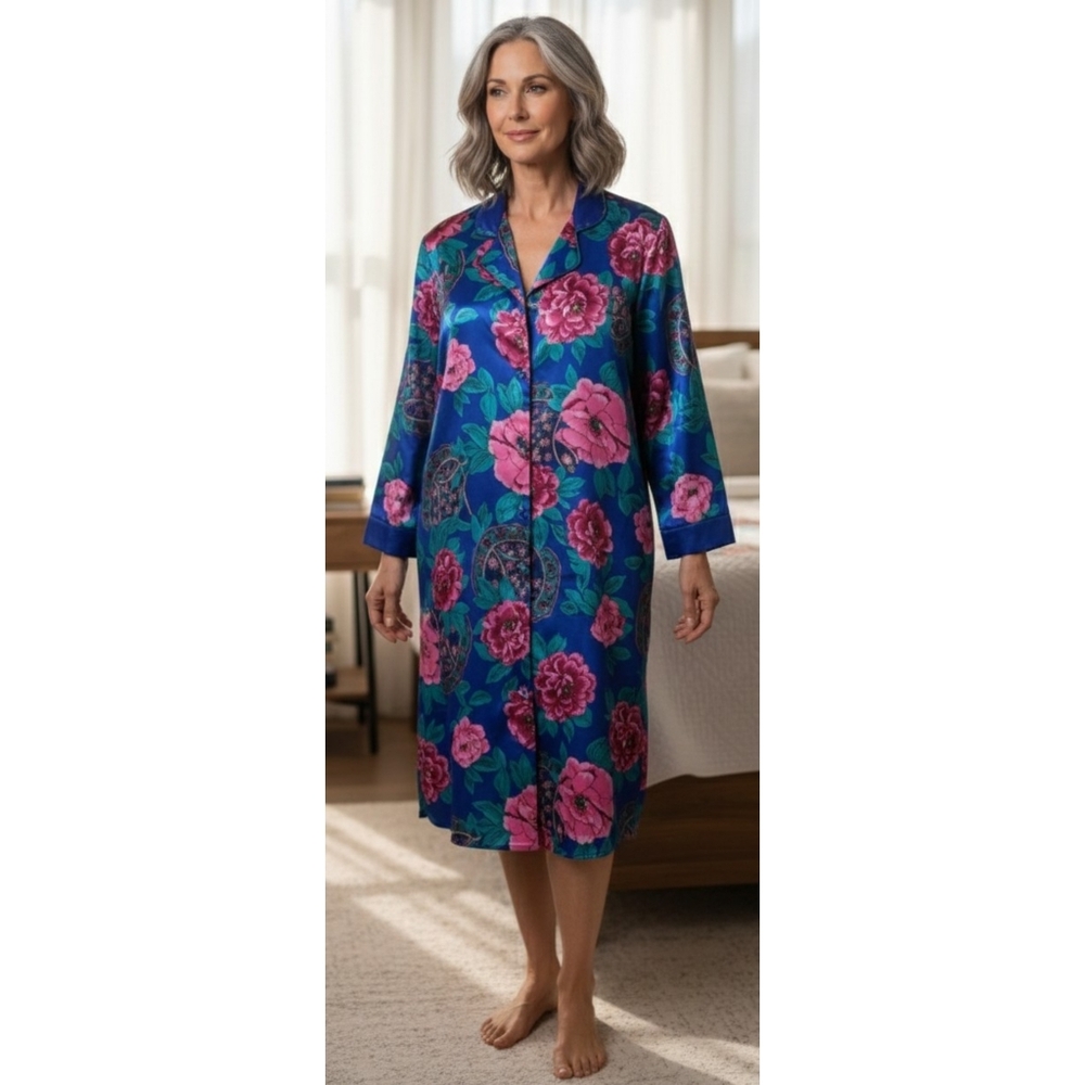 Vintage Kathryn Satin Long sleeve Floral Nightgown Blue Size M